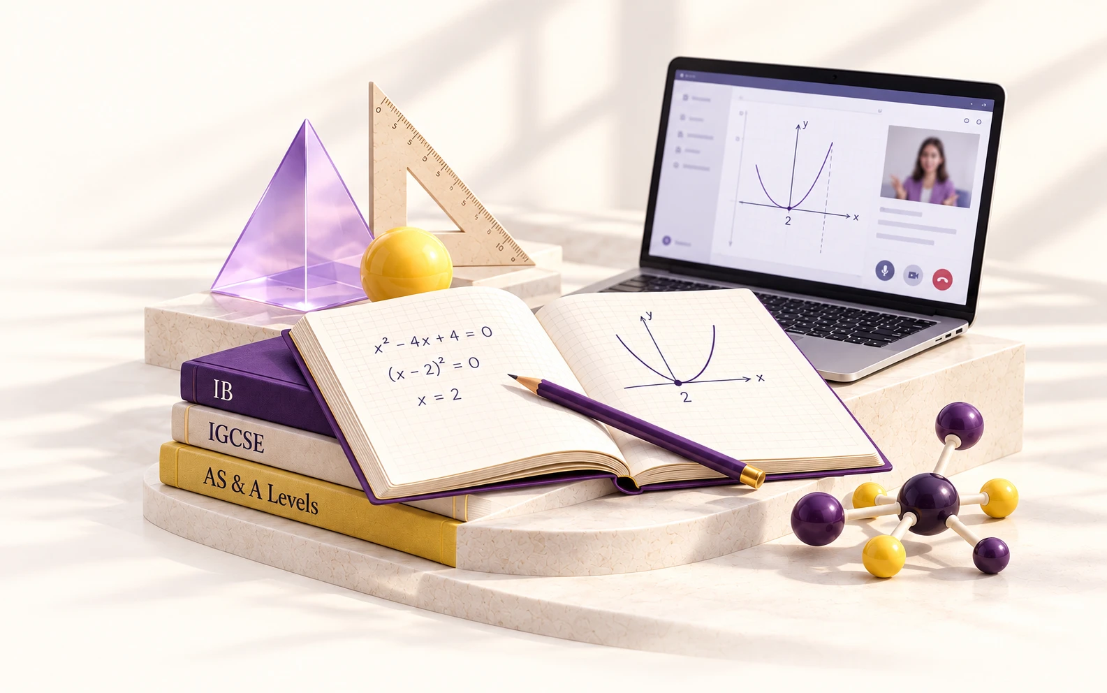 Mathematics notebook, IB and Cambridge textbooks, geometry models and an online lesson on a laptop